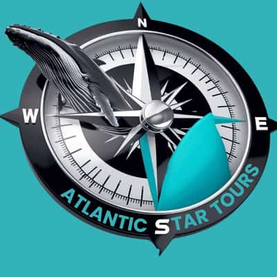 Atlantic Star Tours logo with a detailed compass and a whale silhouette superimposed on the north direction, set against a black and turquoise background.