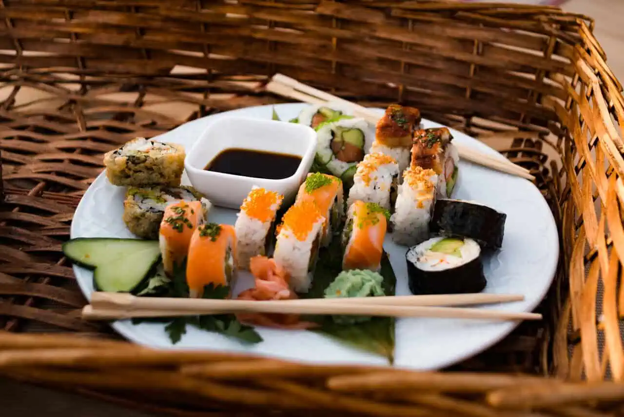 A beautifully arranged platter of sushi ready to be enjoyed on the Atlantic Star, symbolizing the luxury and fine dining available on board.