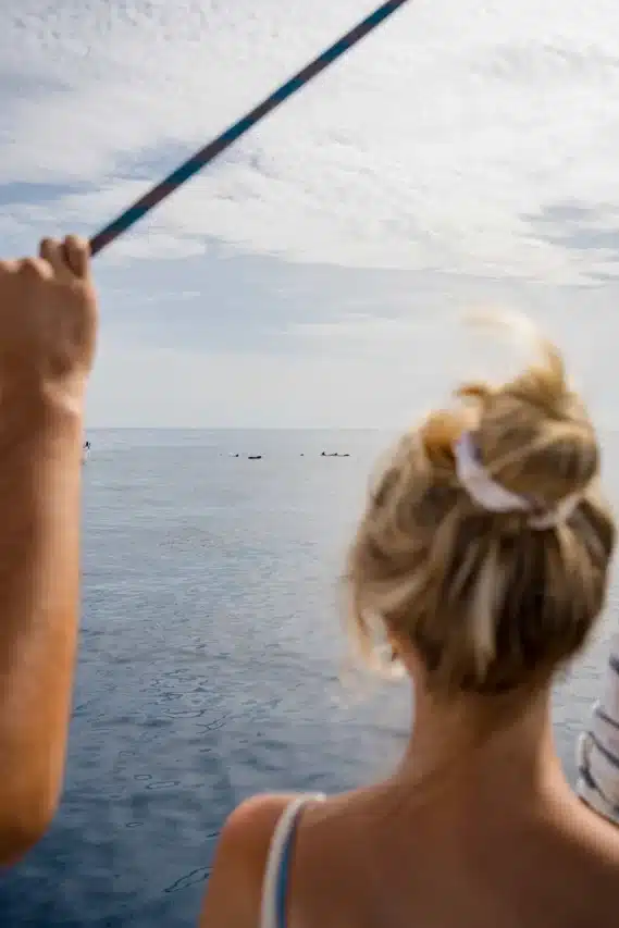 Woman gazing at distant pilot whales from the deck of Atlantic Star in Tenerife.